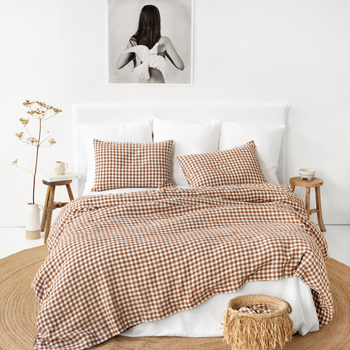 Cinnamon Gingham Linen Duvet Set - Design Vintage