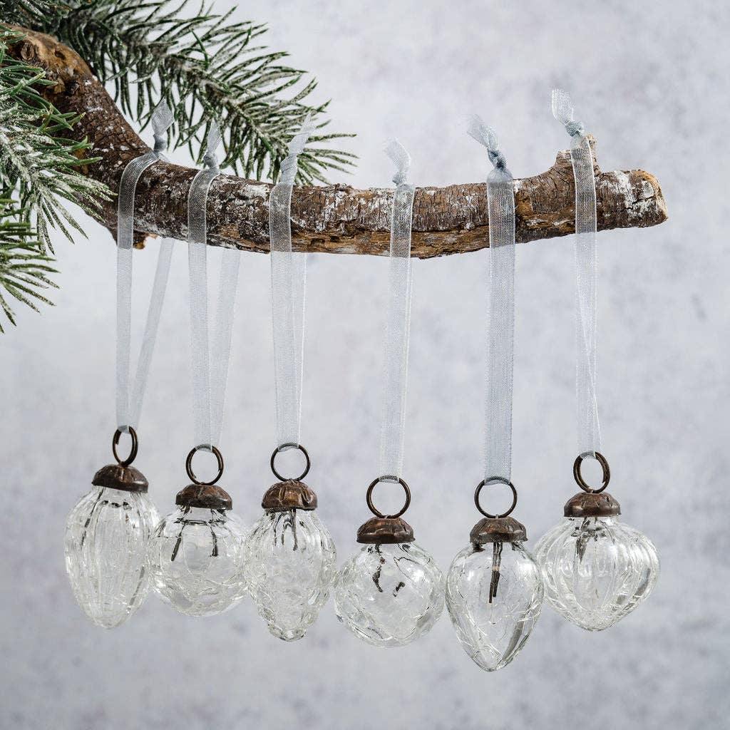 Set of 6 Clear Crackle Glass Baubles - Design Vintage