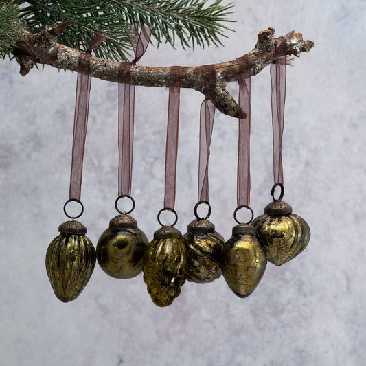 Set of 6 Mixed Olive Green Baubles - Design Vintage