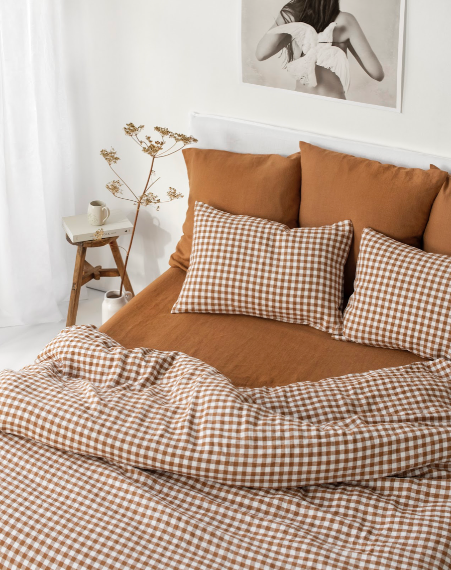 Cinnamon Gingham Linen Duvet Set - Design Vintage