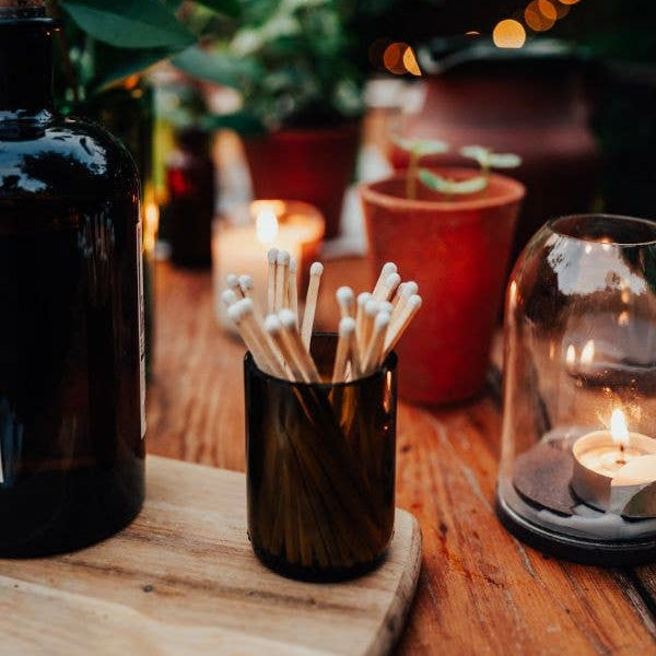 Olive Glass Pot of Matches - Design Vintage