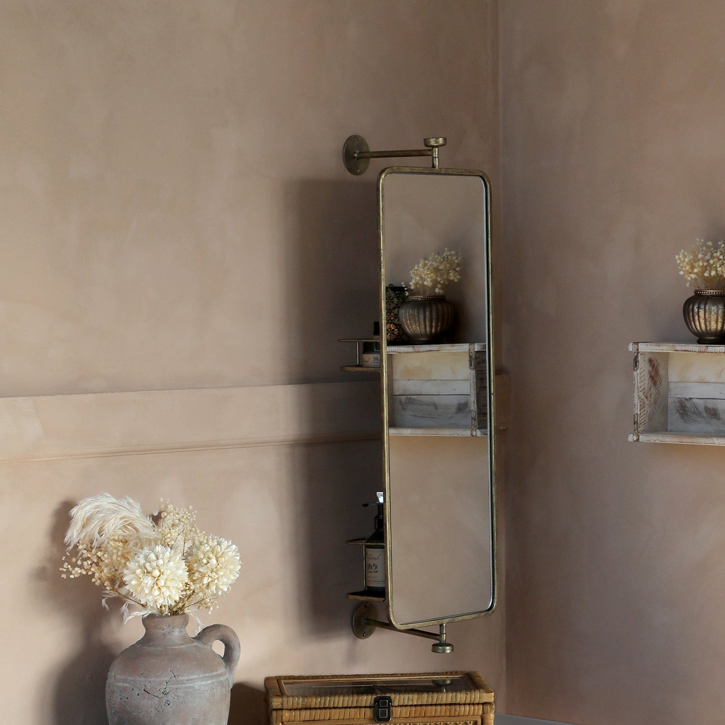 Antique Brass Swivel Mirror With Shelves - Design Vintage