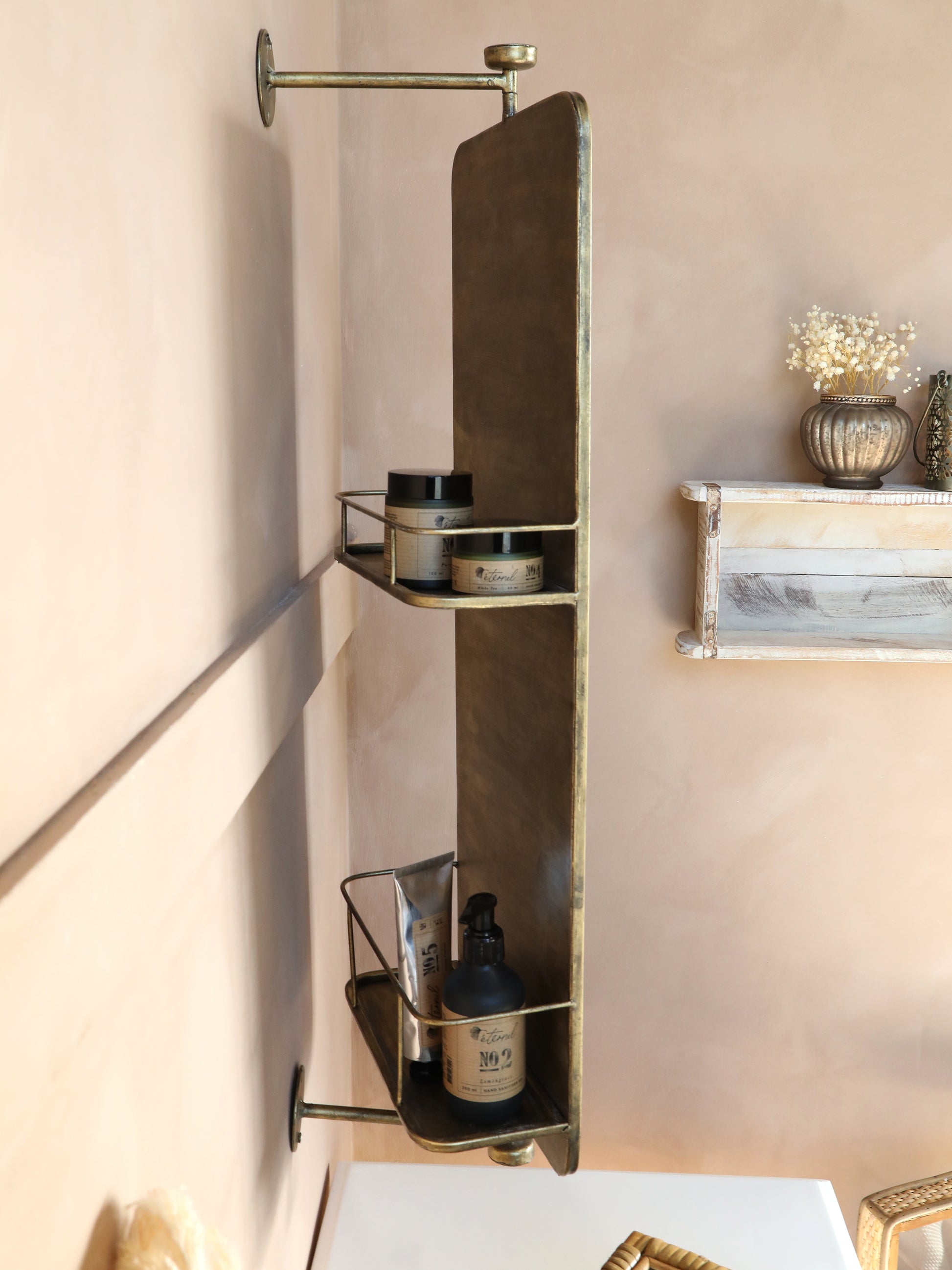 Antique Brass Swivel Mirror With Shelves - Design Vintage