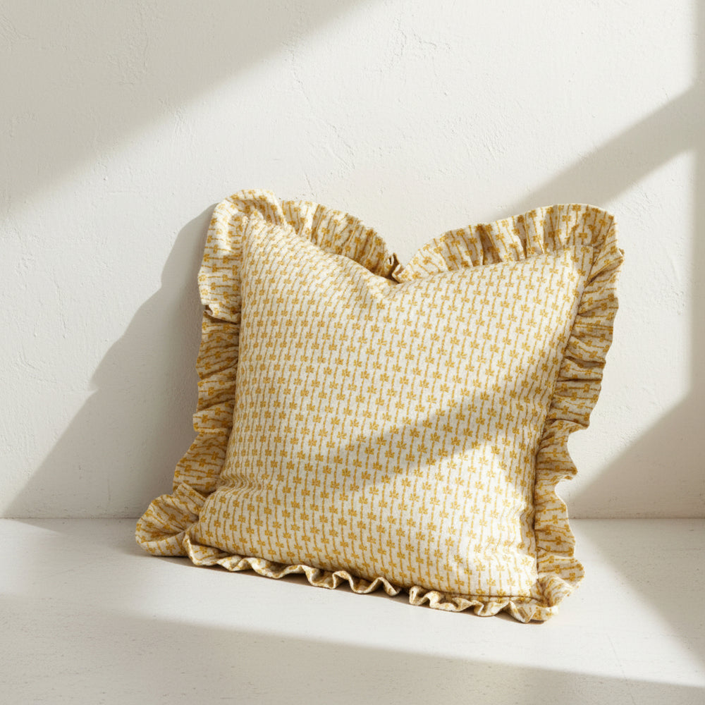 Ochre Print Ruffle Cushion