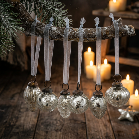 Set of 6 Silver Crackle Glass Baubles