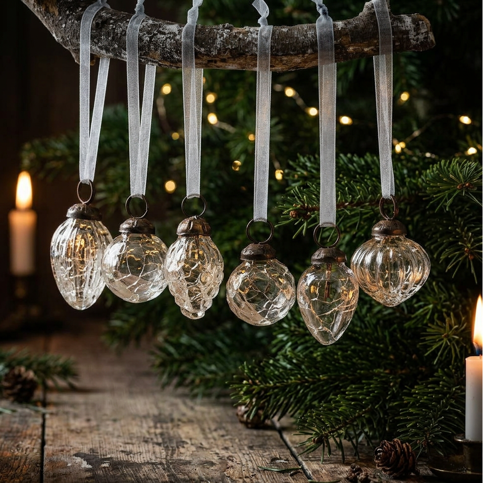 Set of 6 Clear Crackle Glass Baubles
