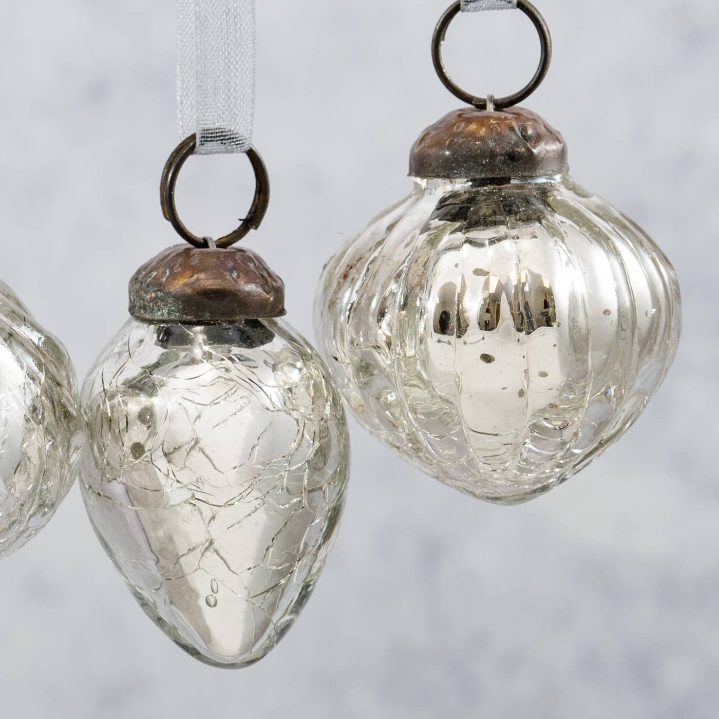 Set of 6 Silver Crackle Glass Baubles - Design Vintage