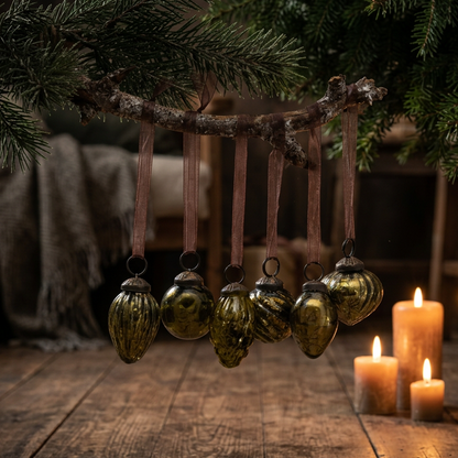 Set of 6 Mixed Olive Green Baubles