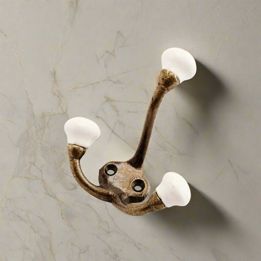 Antique Brass & Ceramic Hook - Design Vintage