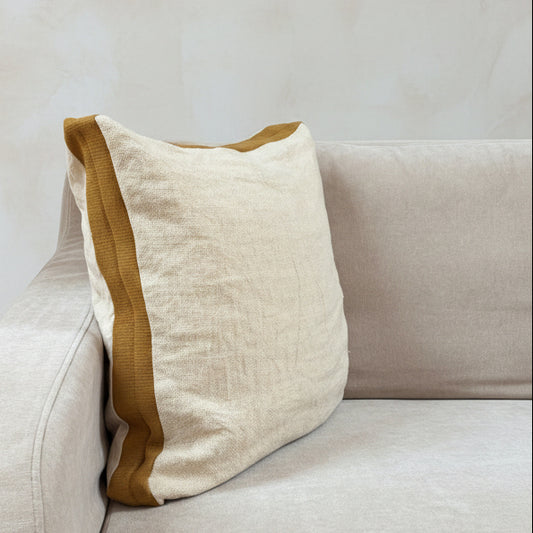 Linen Ochre Edged Cushion - Design Vintage