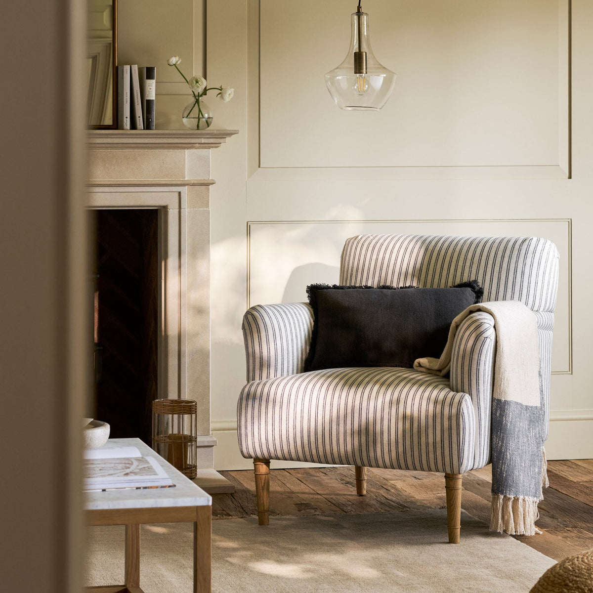Charcoal Stripe Upholstered Armchair - Design Vintage