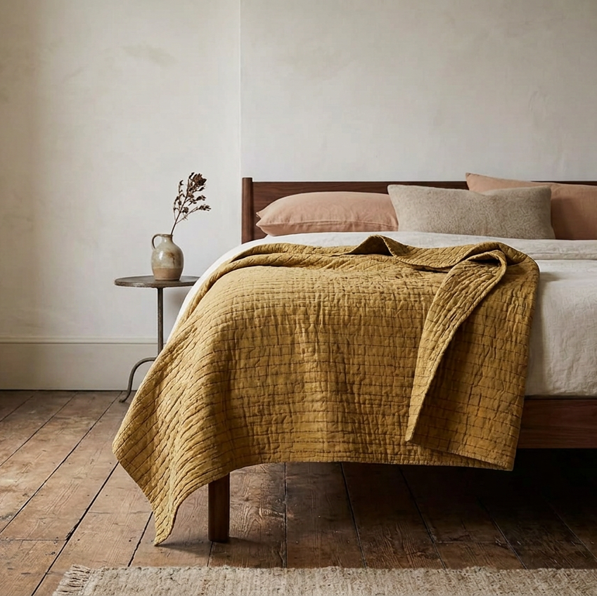 Ochre Quilted Bed Throw - Design Vintage