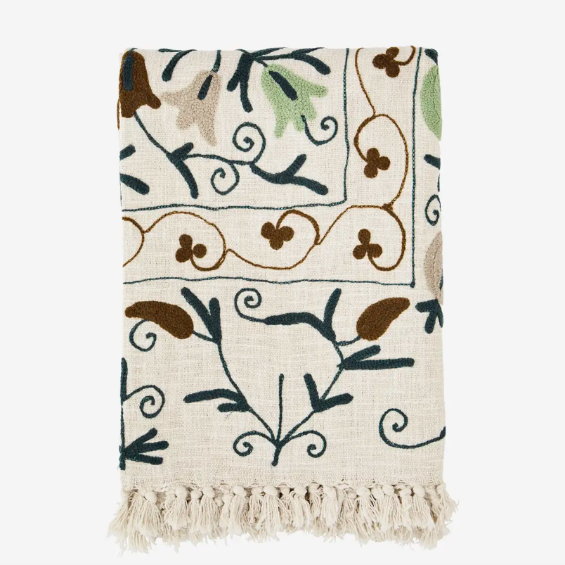 Suzani Embroidered Cotton Throw