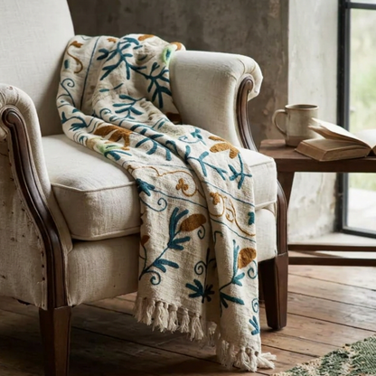 Suzani Embroidered Cotton Throw