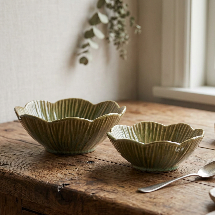 Set of Verdant Scallop Bowls
