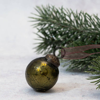 Set of 6 Olive Green Glass Baubles - Design Vintage