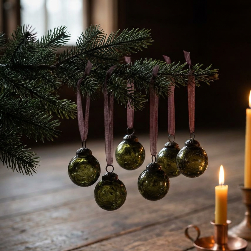 Set of 6 Olive Green Glass Baubles