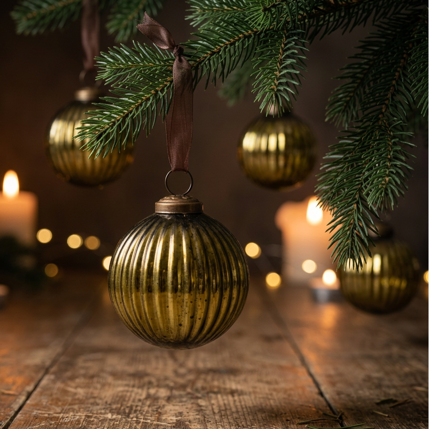 Olive Ribbed Glass Bauble