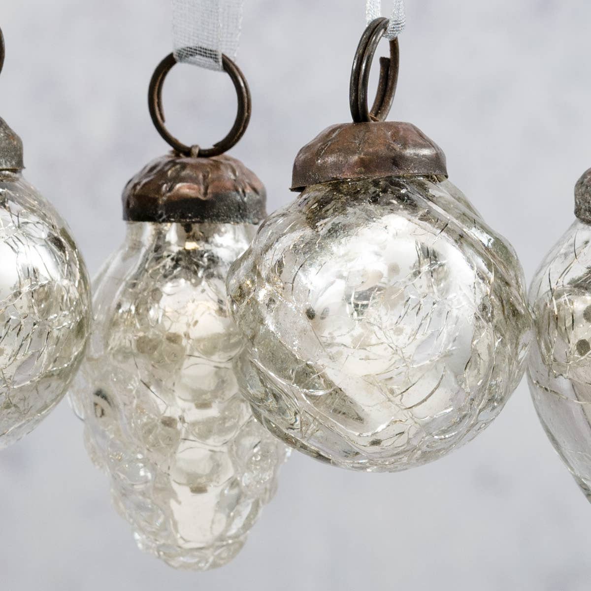 Set of 6 Silver Crackle Glass Baubles - Design Vintage