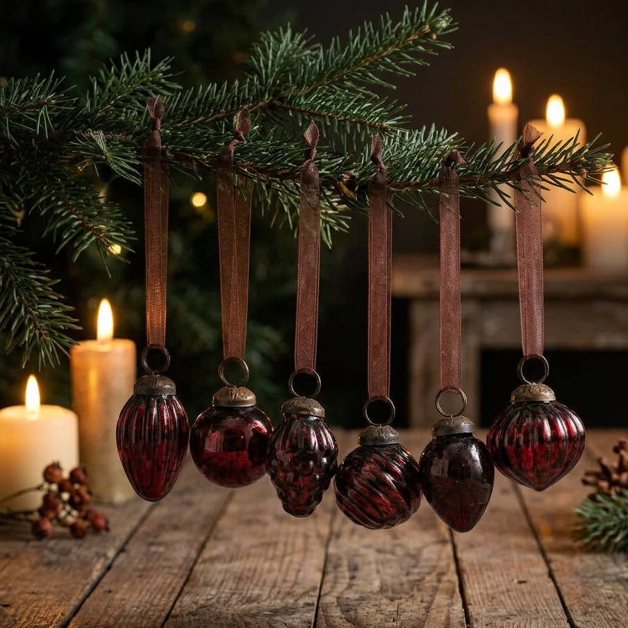Set of 6 Wine Crackle Glass Baubles