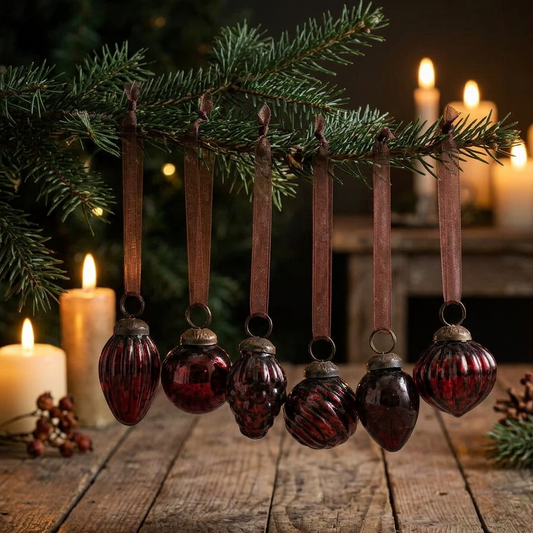 Set of 6 Wine Crackle Glass Baubles - Design Vintage