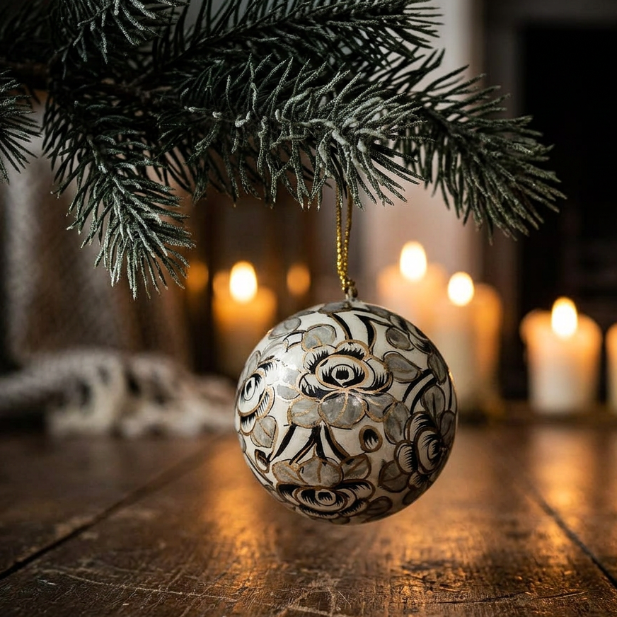 Grey + White Flower Bauble