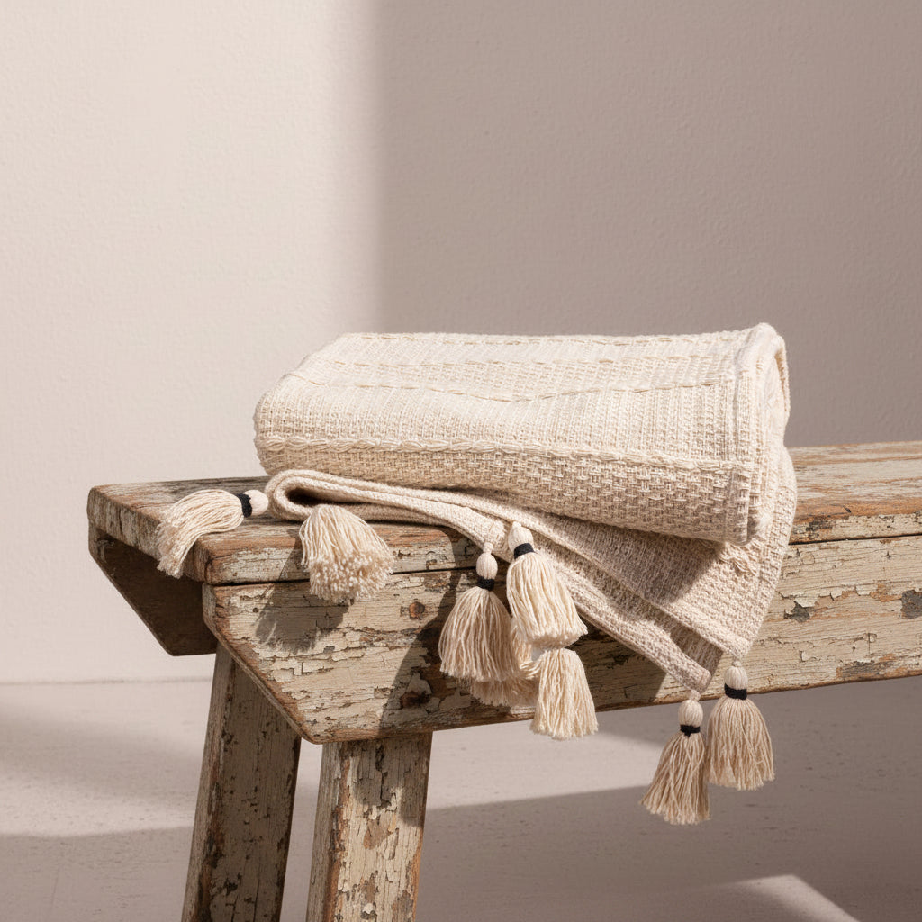 Woven Tasselled Throw Natural - Design Vintage