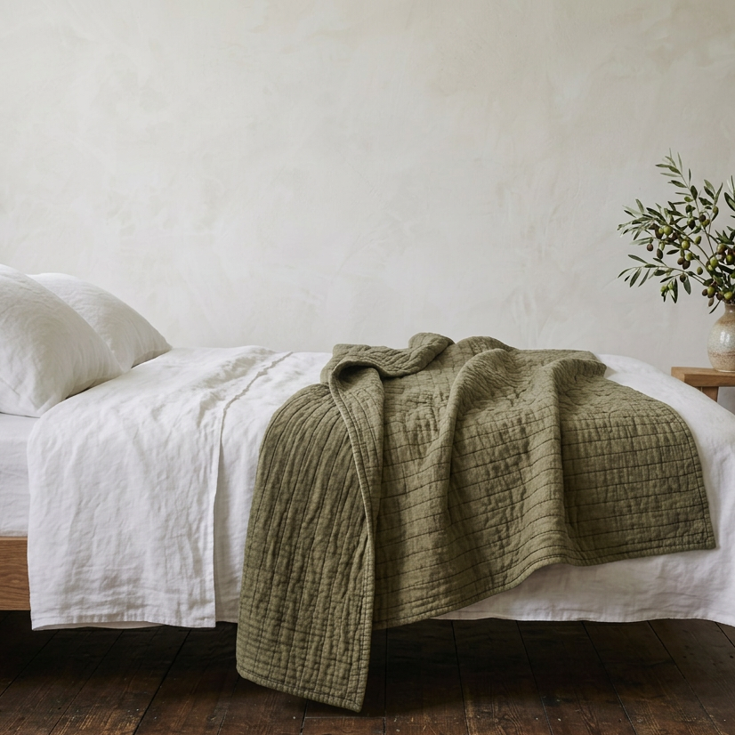 Olive Quilted Bed Throw - Design Vintage
